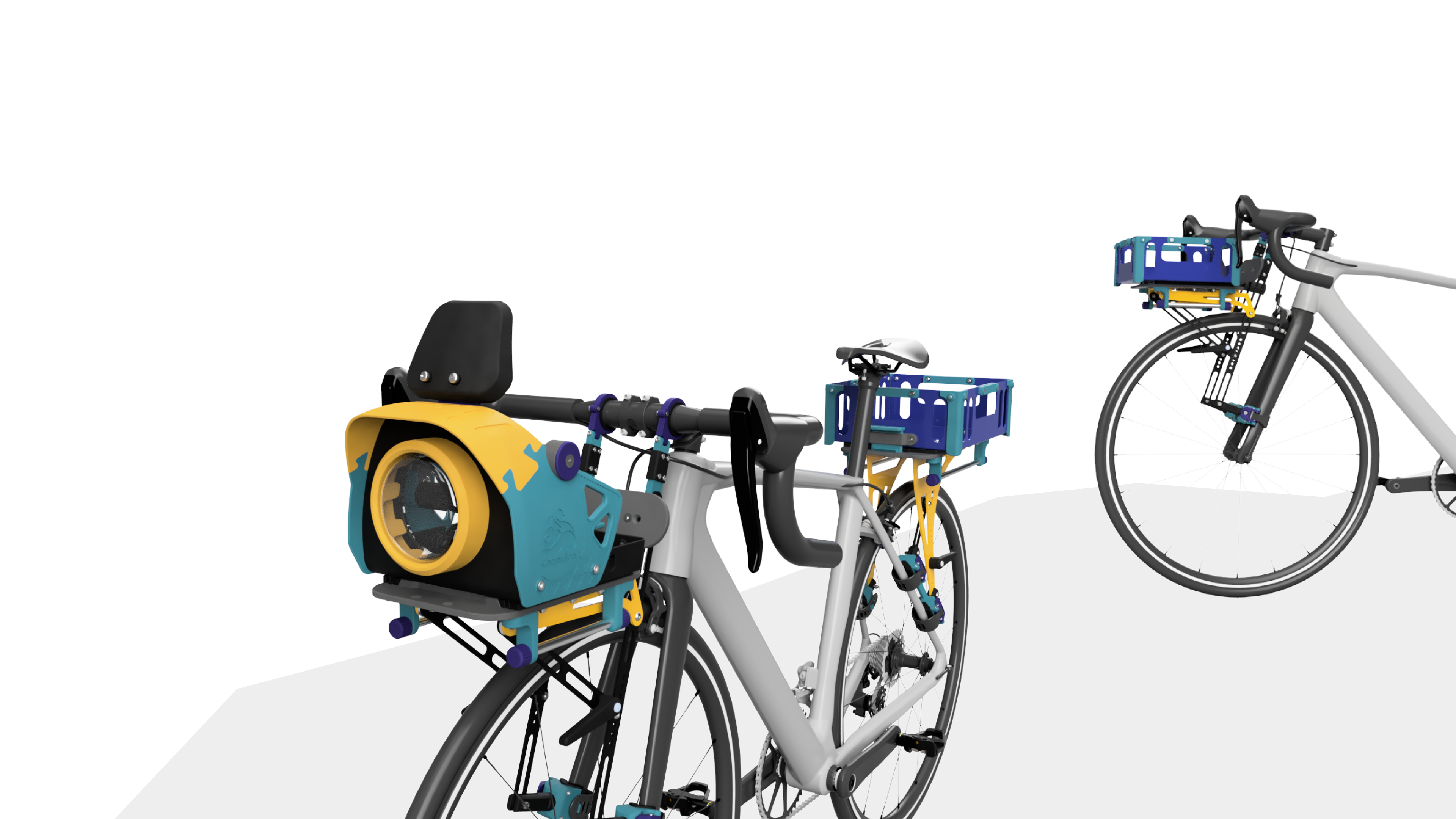 Two bicycles with additional attachments on a white background