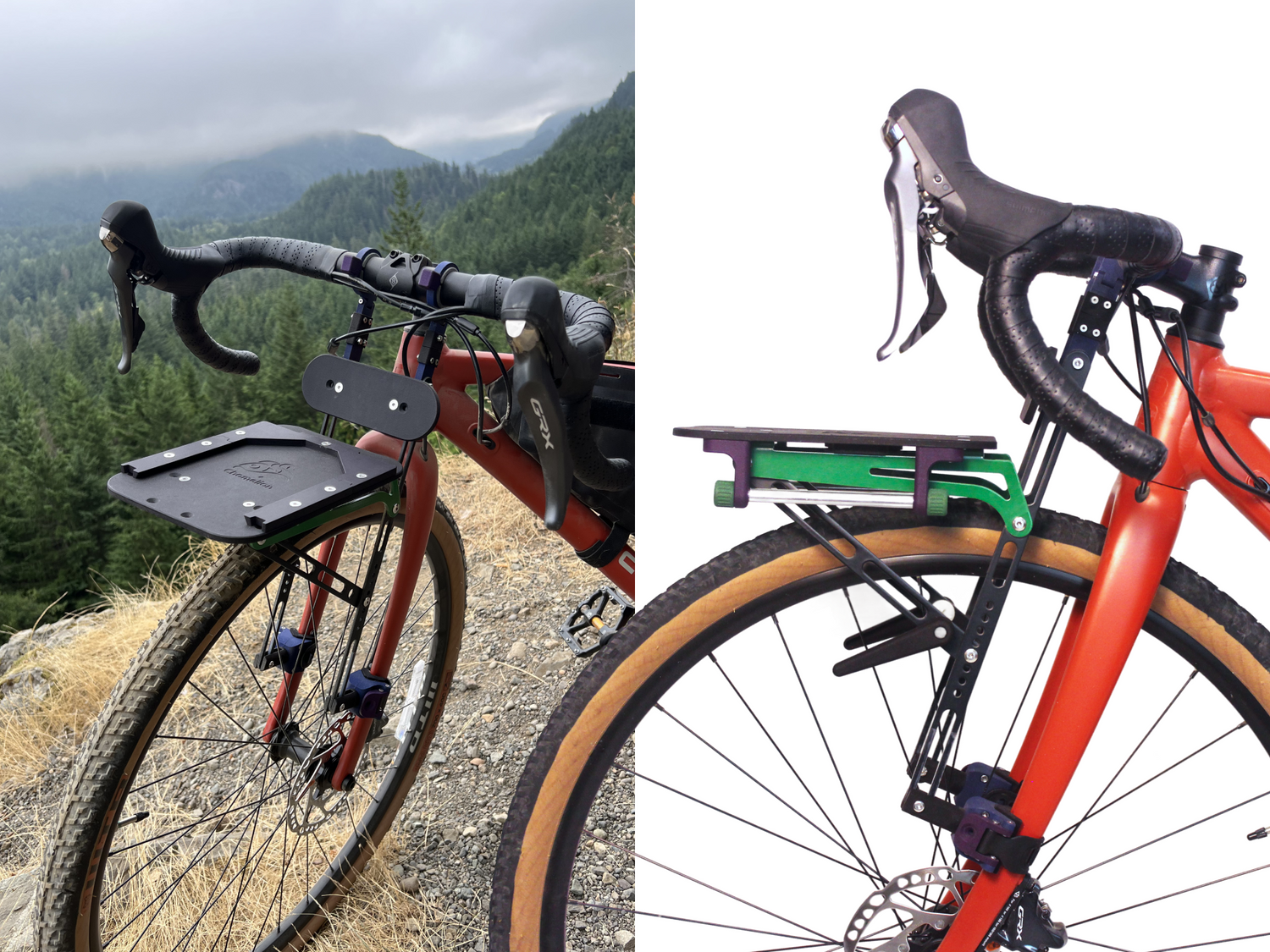 Bicycle with a front rack on a mountain path and close-up of the rack.